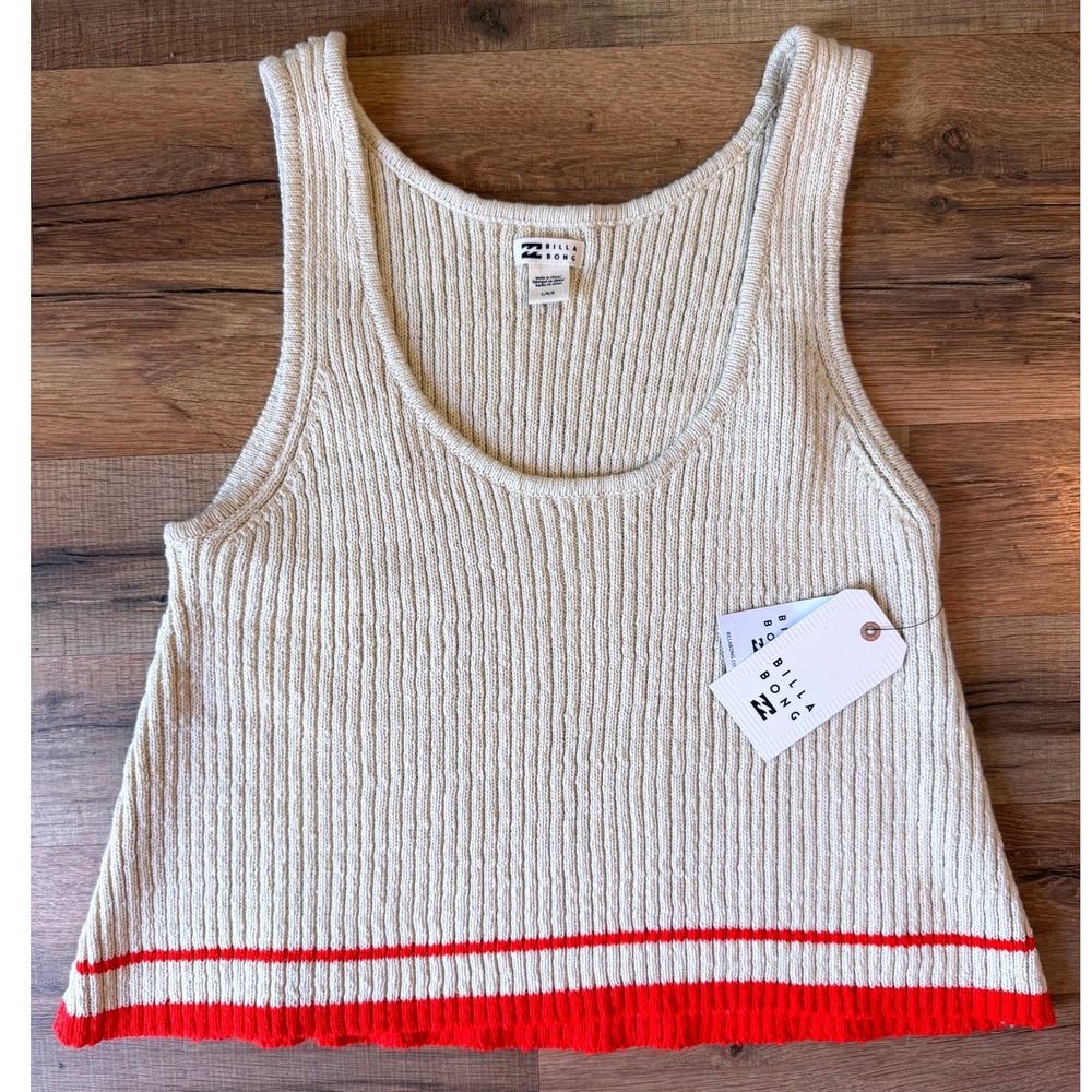 Billabong Sweater Tank Top Cream Red‎ Stripe Ribbed Cotton Scoop Neck NWT L